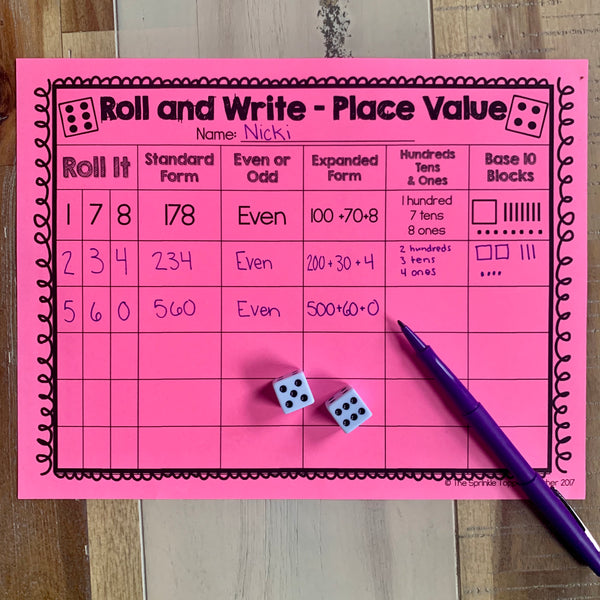 Roll and Write Place Value Dice Game - Paper and Digital