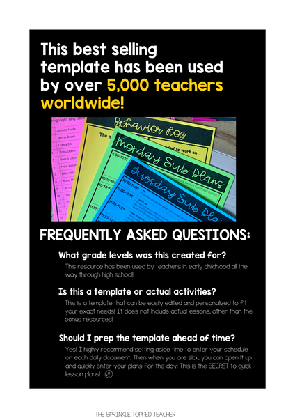 20 Minute Sub Plan Template | Editable