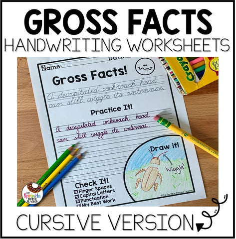 Silly Handwriting Worksheets - Gross Fact Sentences - CURSIVE