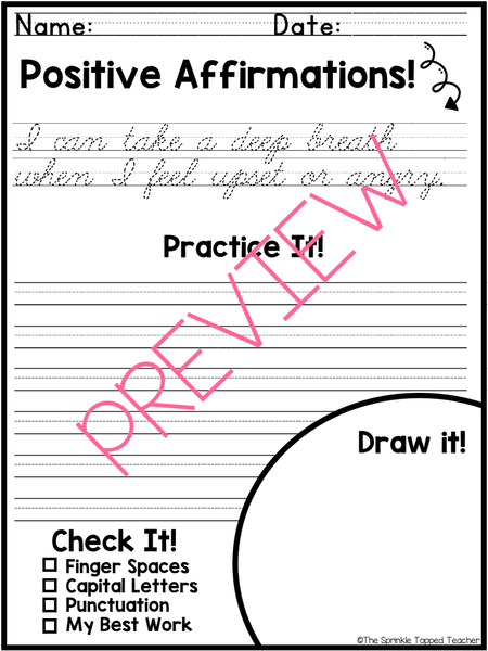 Positive Affirmations Handwriting Worksheets - CURSIVE