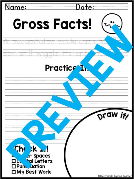 Silly Handwriting Worksheets - Gross Fact Sentences - PRINT