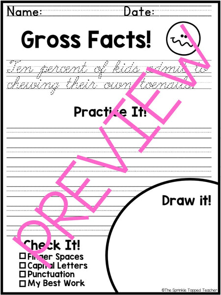 Silly Handwriting Worksheets - Gross Fact Sentences - CURSIVE