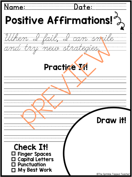 Positive Affirmations Handwriting Worksheets - CURSIVE