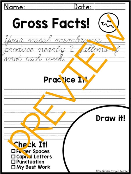 Silly Handwriting Worksheets - Gross Fact Sentences - CURSIVE