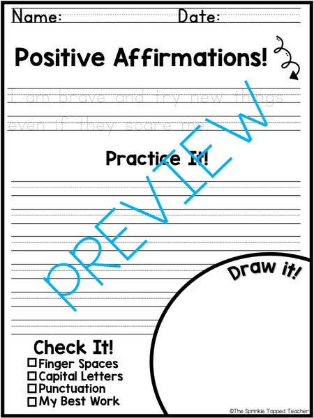 Positive Affirmations Handwriting Worksheets - PRINT